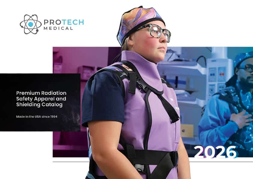 Medical professional wearing radiation safety vest in laboratory setting.