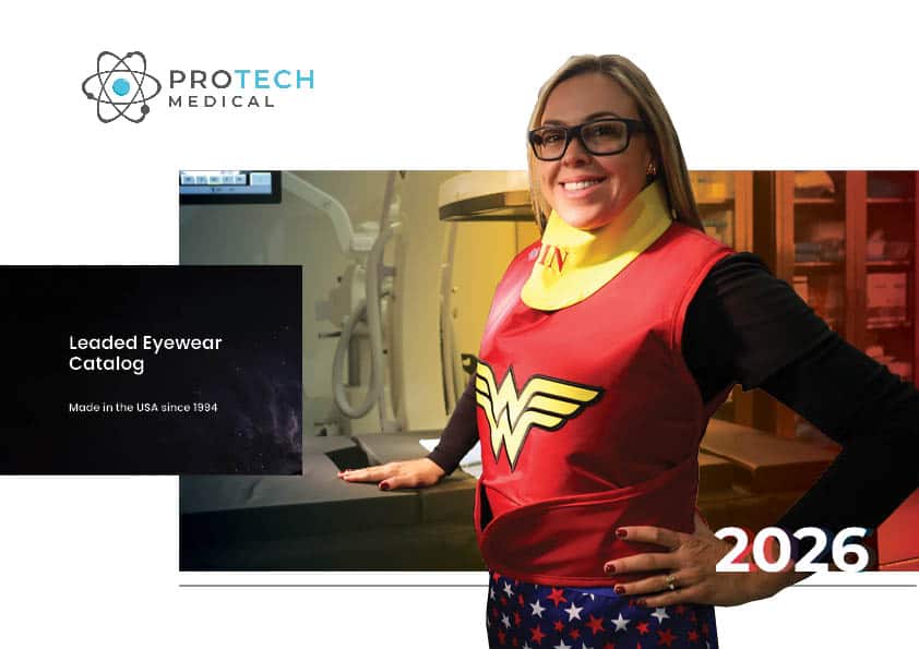 Protech Medical woman wearing superhero-themed protective eyewear in a medical setting.